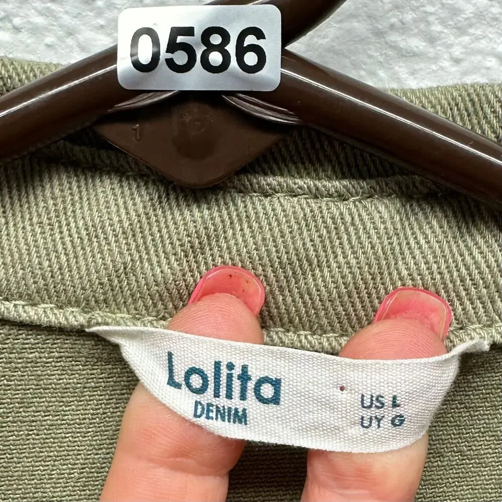 New! Lolita Women’s Sz Lg Olive Green Denim Button Jacket Or Dress, Six Pockets